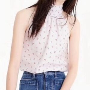 J Crew Tie Neck Cherry Print Blouse Sleeveless Top White Halter Silk Cotton 6